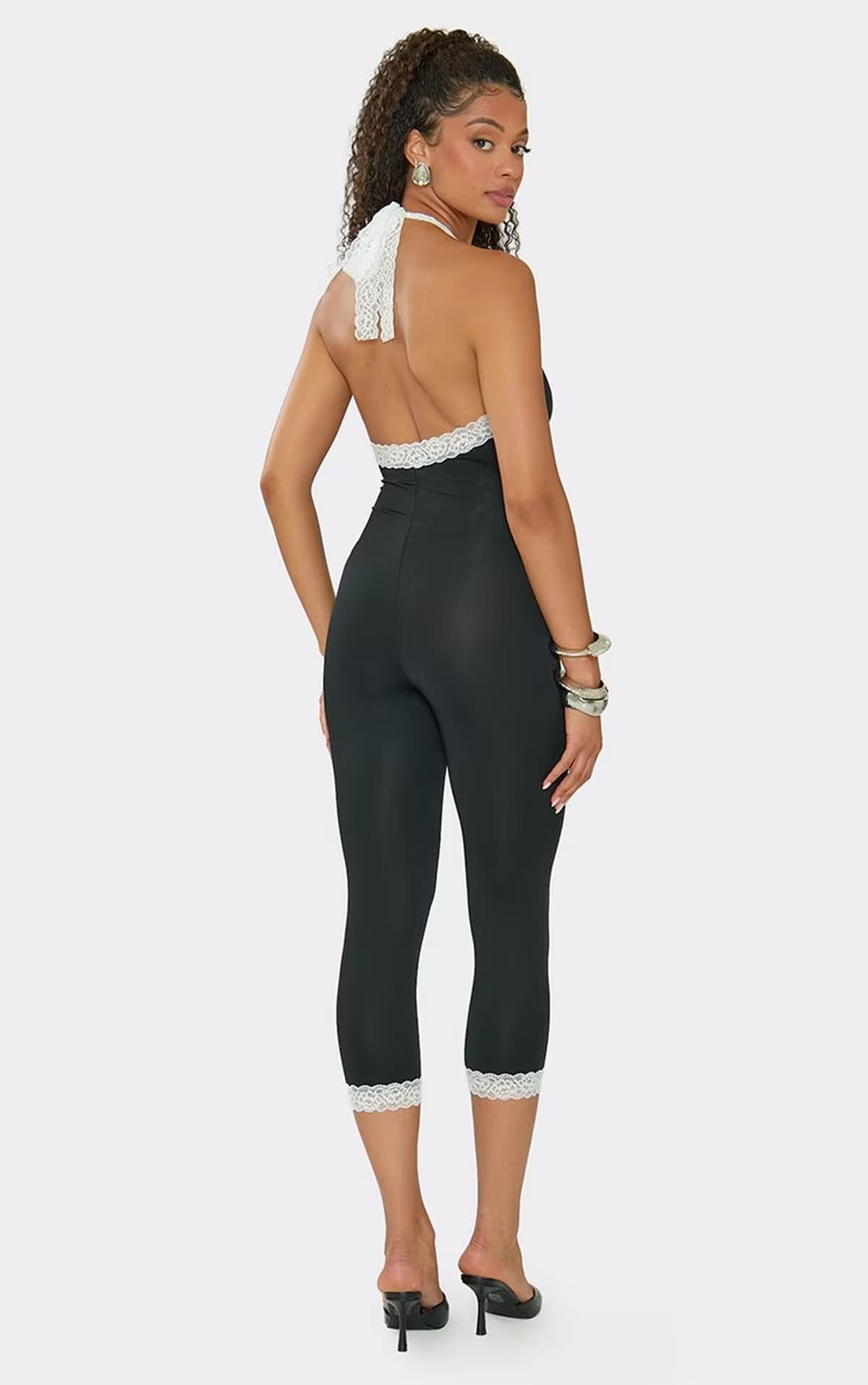 EGO Halterneck Contrast Lace Trim Capri Jumpsuit In Black., Women's Size UK 6