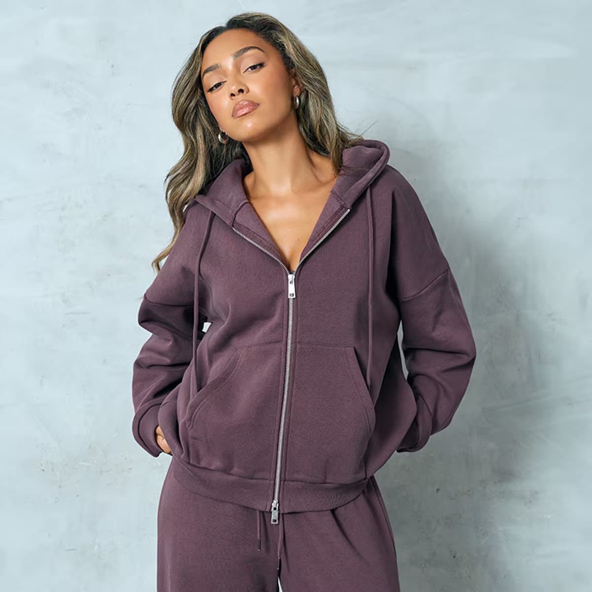 EGO Long Sleeve Oversized Double Zip Hoodie In Plum, Women's Size UK 6