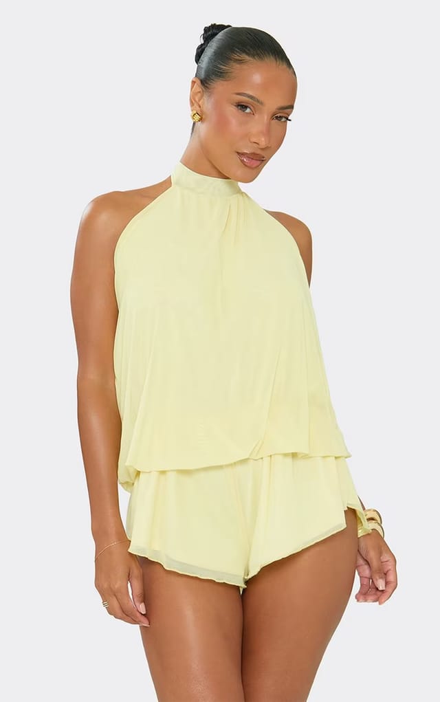 EGO High Neck Blouson Playsuit In Lemon, Women's Size UK 6 - 2