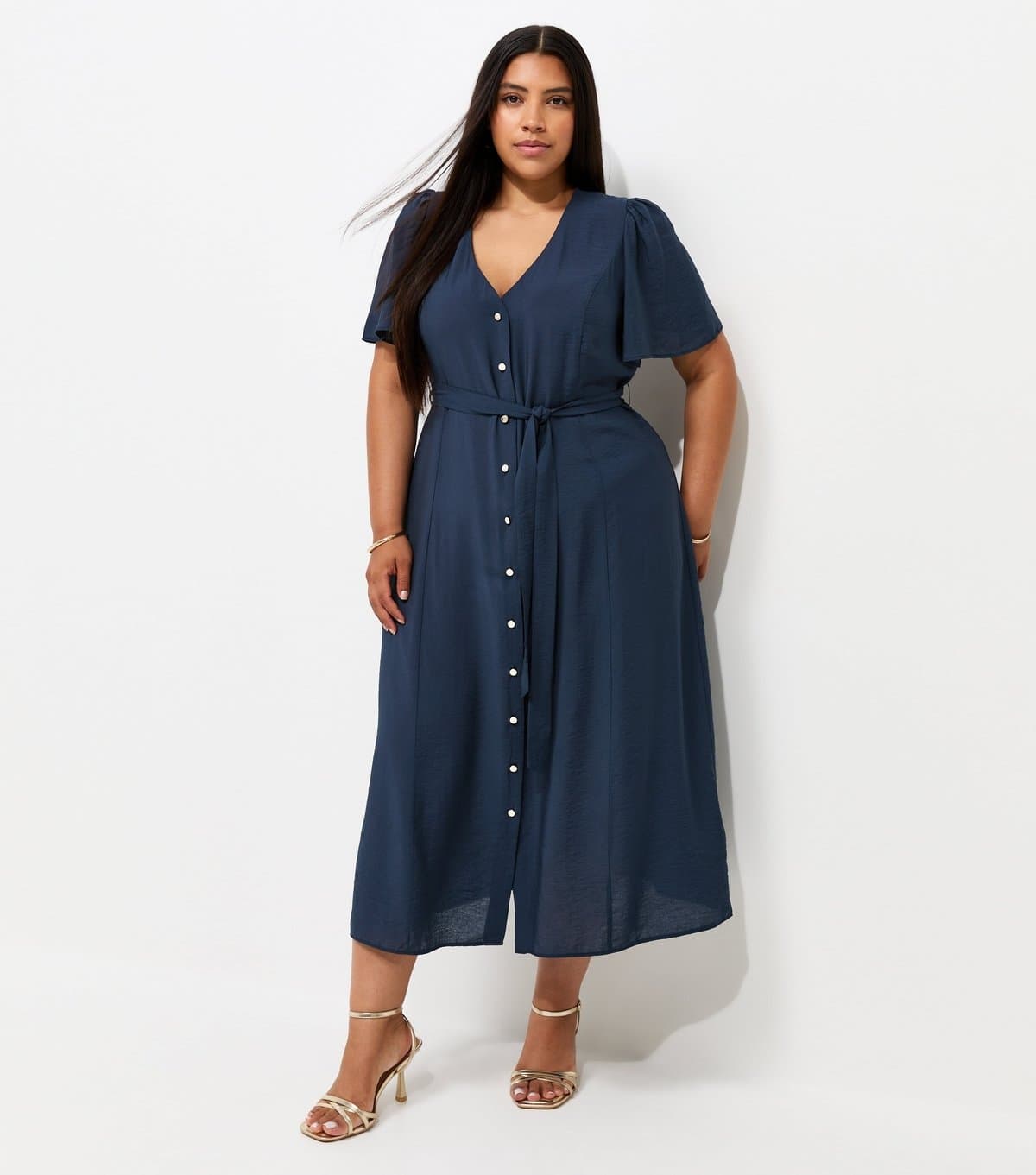New Look Women's Plus Size Navy Button Through Puff Sleeve Midi Dress Curves New Look