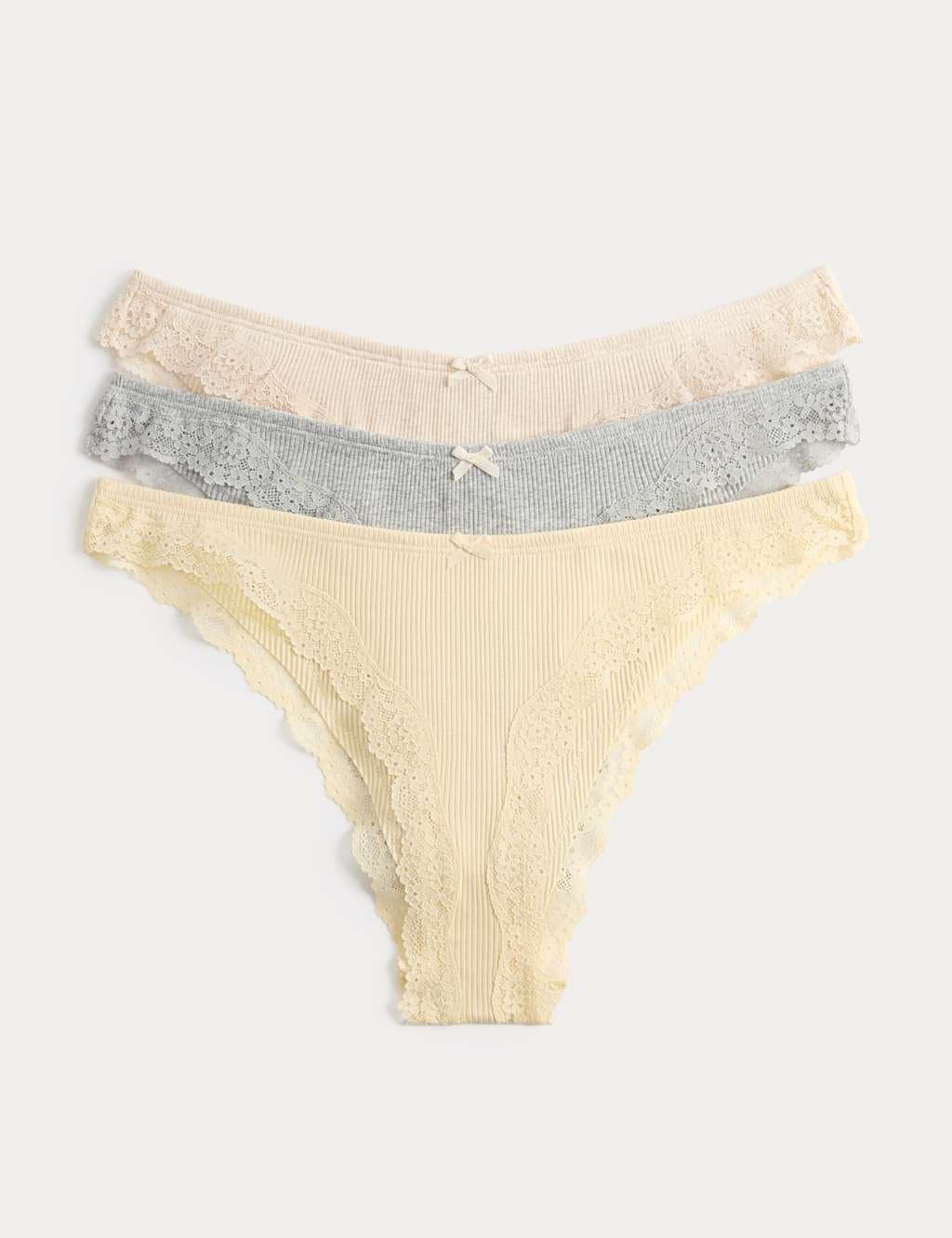 Marks & Spencer M&S 3 Pack Cotton Rich Ribbed Brazilian Knickers Oatmeal Mix