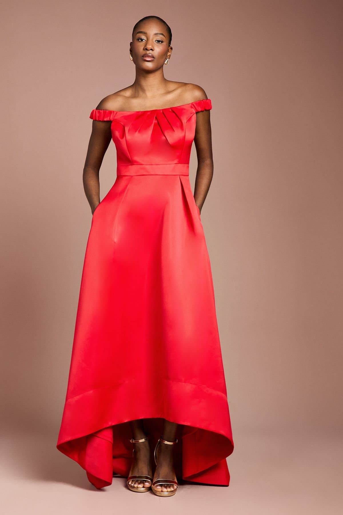Coast Coast Women's Bardot Fit & Flare Hi Low Hem Maxi Dress in Flame Red
