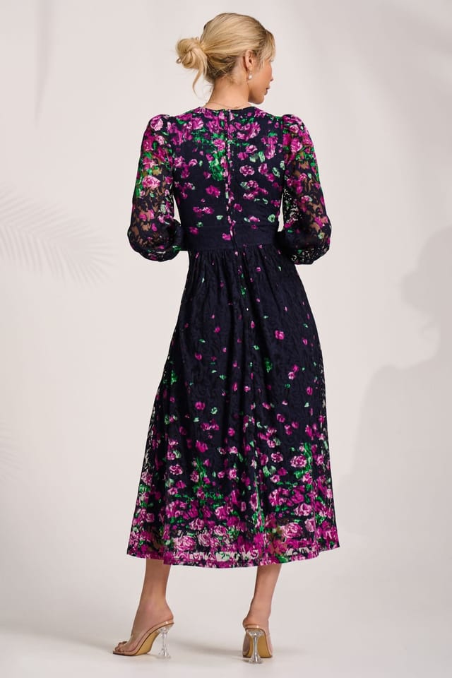 Jolie Moi Jolie Moi Women's Long Sleeve Printed Lace Maxi Dress in Purple - 2