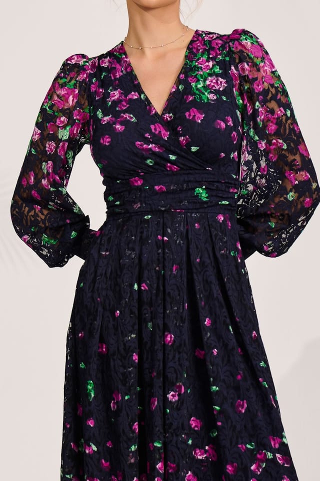 Jolie Moi Jolie Moi Women's Long Sleeve Printed Lace Maxi Dress in Purple - 3