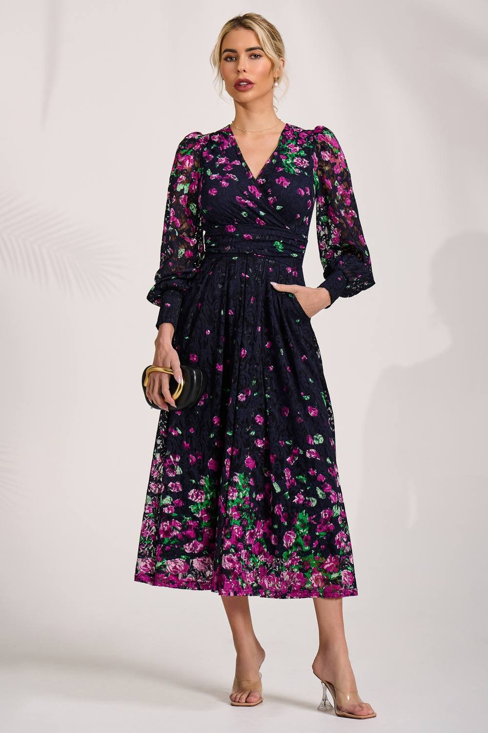 Jolie Moi Jolie Moi Women's Long Sleeve Printed Lace Maxi Dress in Purple - 4