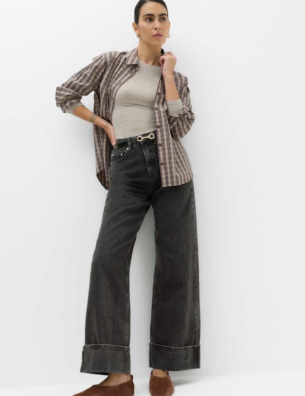 Marks & Spencer M&S High Waisted Wide Leg Turn Up Jeans Black Mix