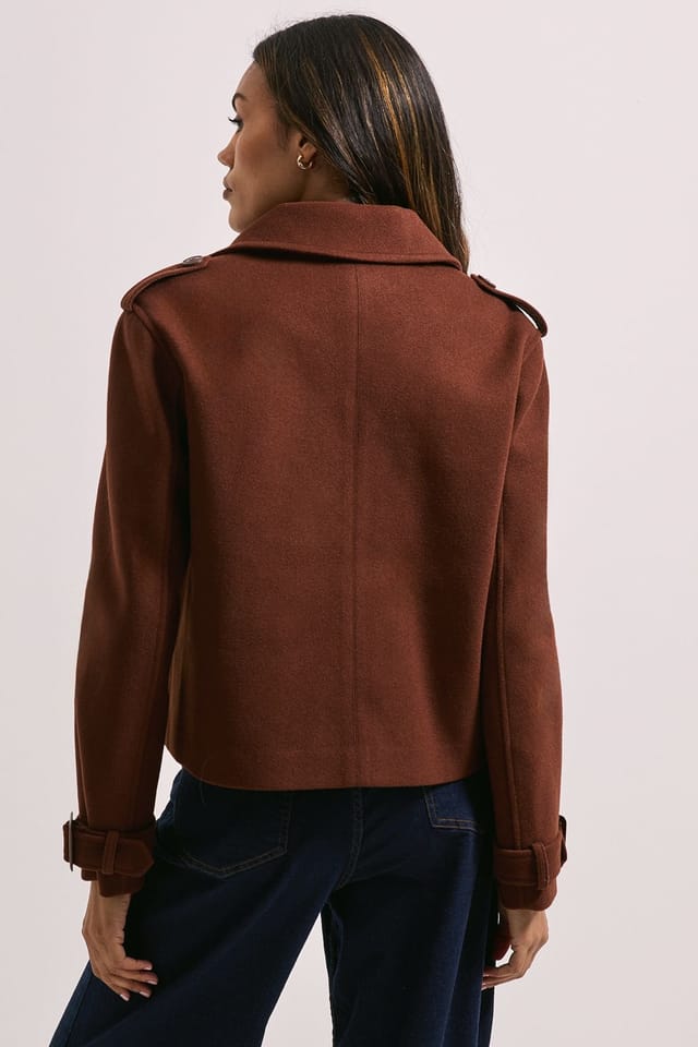 Dorothy Perkins Dorothy Perkins Women's Short Faux Wool Trench Coat in Chocolate - 3