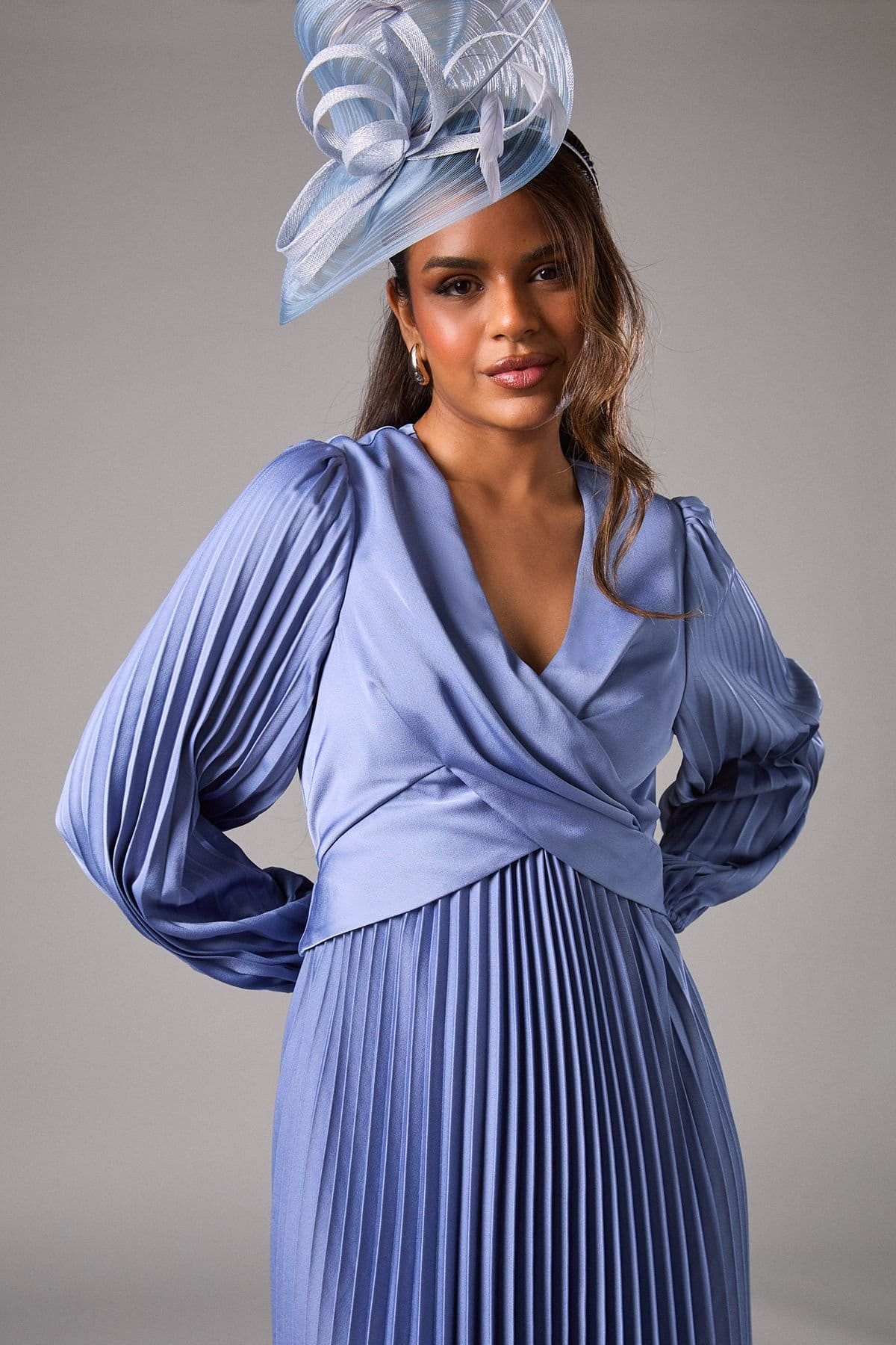 Coast Coast Women's Petite Pleat Skirt Midi Dress in Dusty Blue - 4