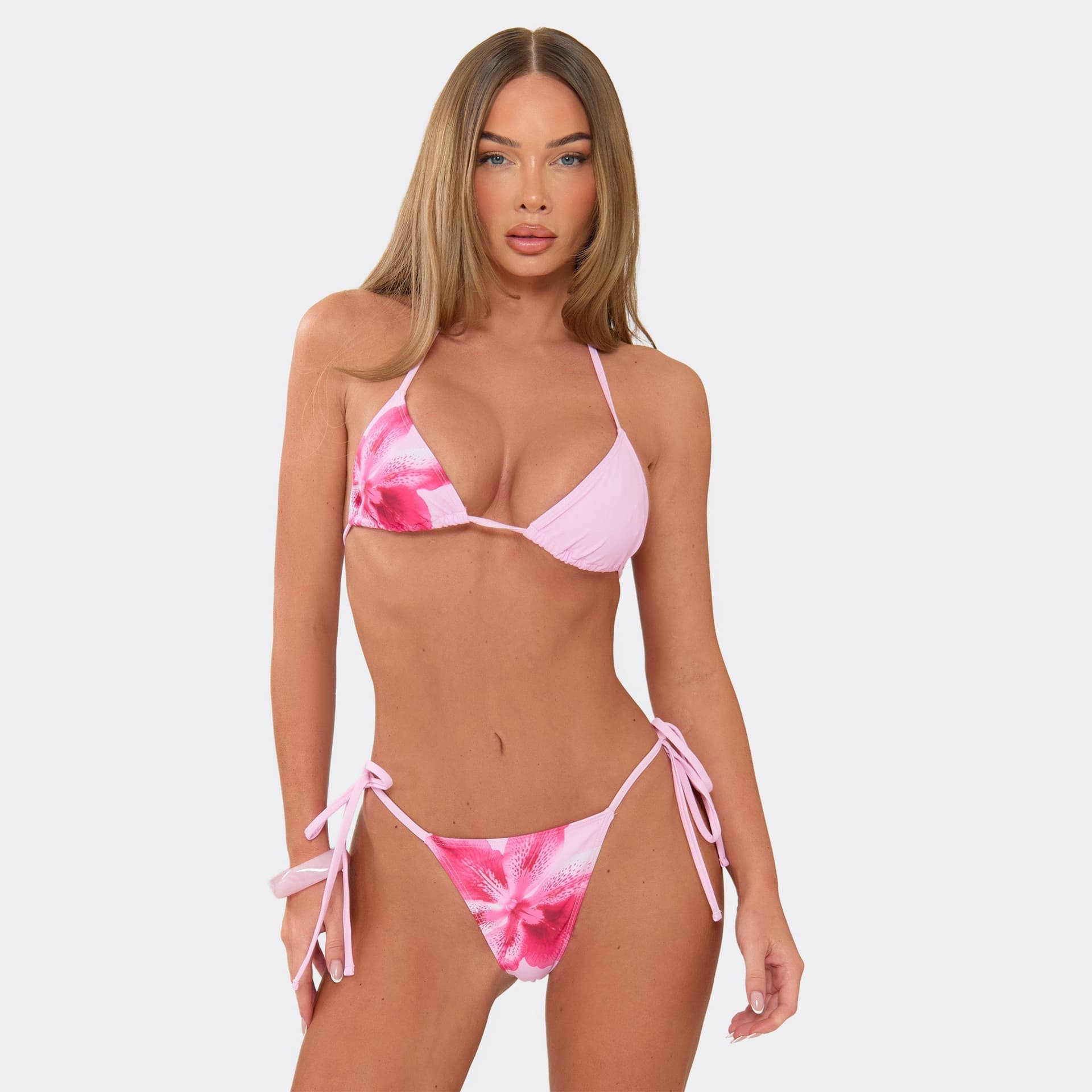 EGO Triangle Tie Side Bikini Set In Pink Floral Print, Women's Size UK 10