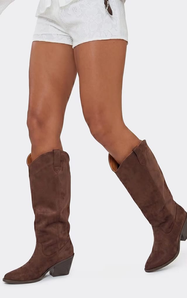 EGO Payne Pointed Toe Knee High Western Cowboy Boot In Brown Faux Suede, Women's Size UK 3 - 2