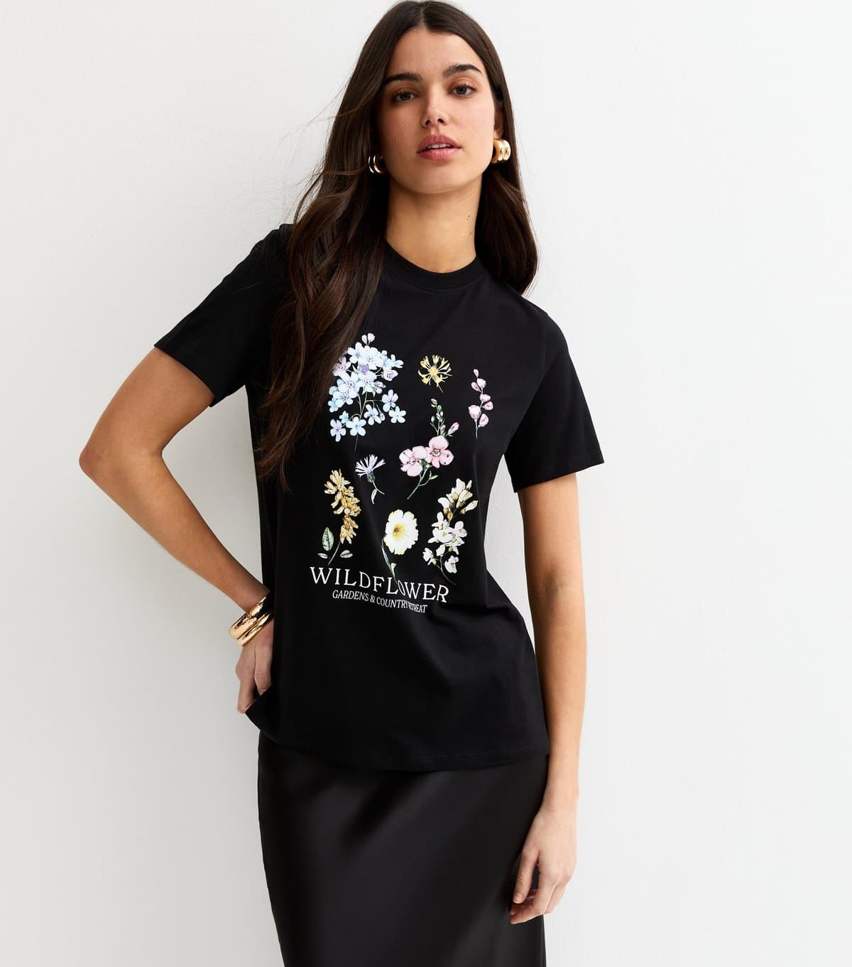 New Look New Look Black Wildflower Print Cotton T-Shirt