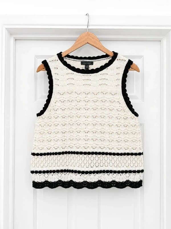 New Look Lovely Women's New Look Boho Cream & Black Open Knit Sweater Vest Tank Top Waistcoat Size 14