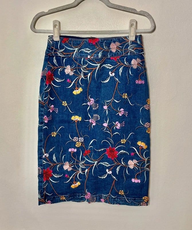 Anthropologie Floral Embroidered Denim Pencil Skirt - Blue
