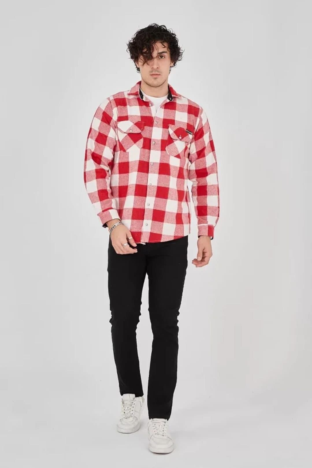 Janes Janes Red Plaid Buttoned Shirt with Pocket for Men