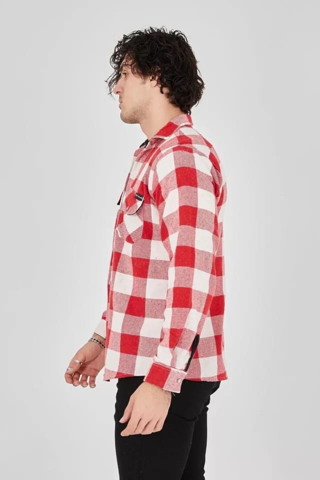 Janes Janes Men's Plaid Buttoned Shirt with Pocket in Red - 2