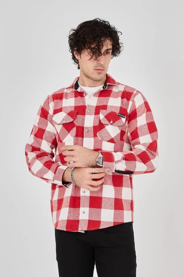 Janes Janes Men's Plaid Buttoned Shirt with Pocket in Red - 3
