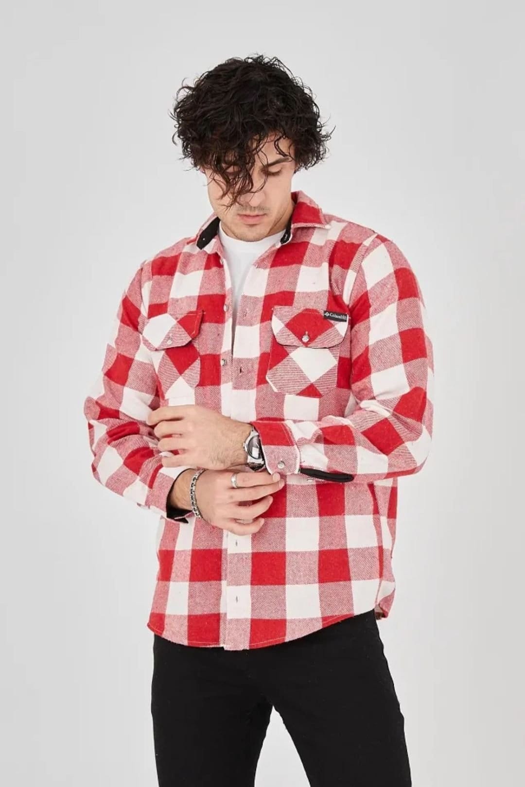 Janes Janes Men's Plaid Buttoned Shirt with Pocket in Red - 4