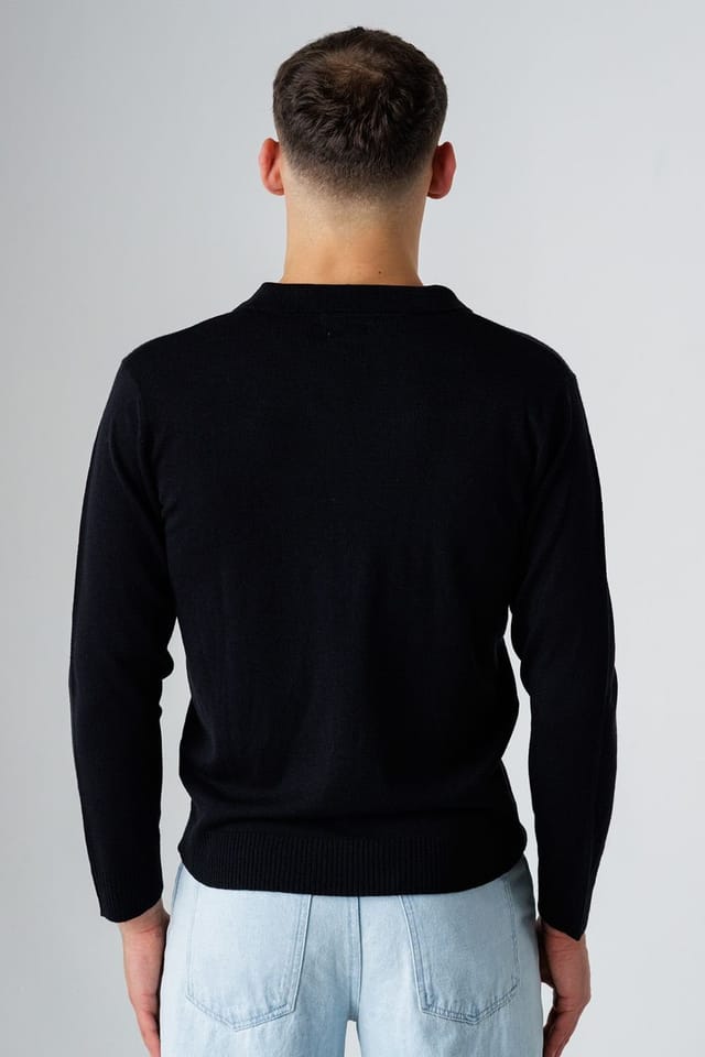 Influence Influence Men's Revere Collar V-Neck Polo-Style Long Sleeve Knit Jumper in Black - 2