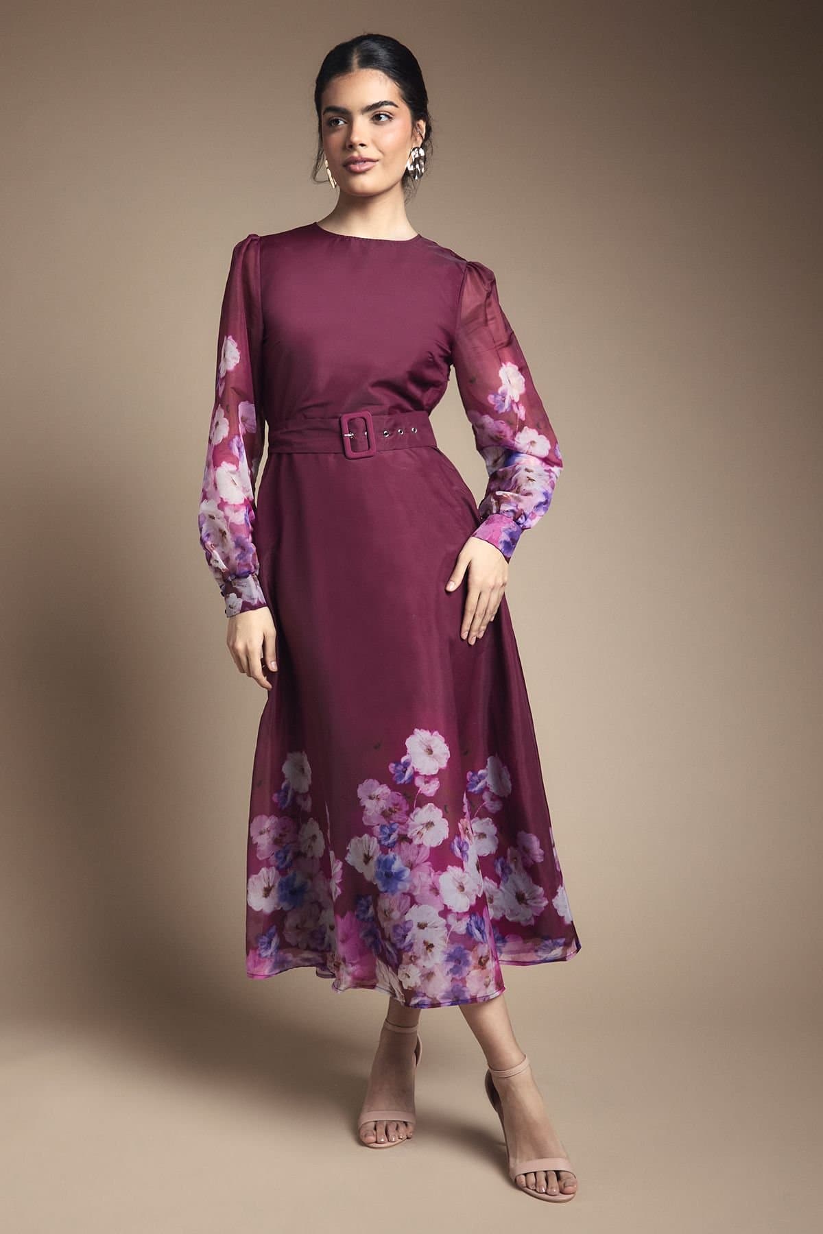 Wallis Wallis Women's Organza Floral Print Belted Midi Dress in Berry