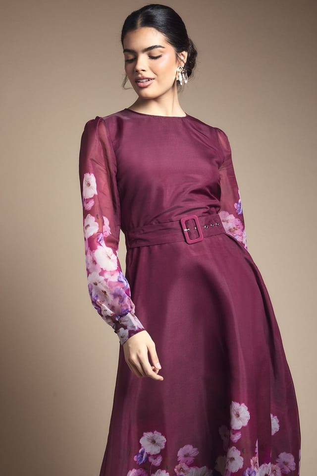 Wallis Wallis Women's Organza Floral Print Belted Midi Dress in Berry - 2