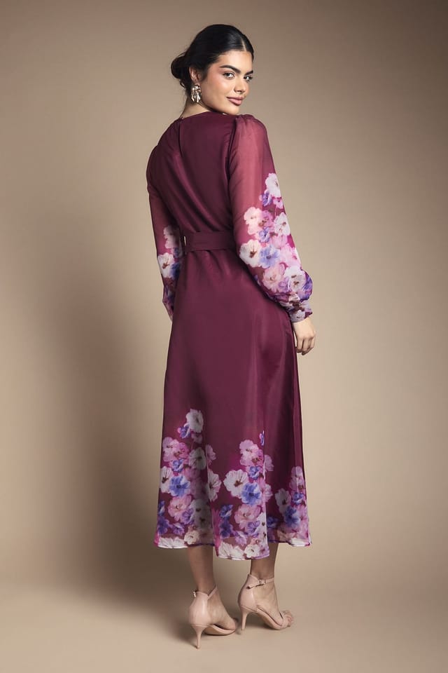 Wallis Wallis Women's Organza Floral Print Belted Midi Dress in Berry - 3