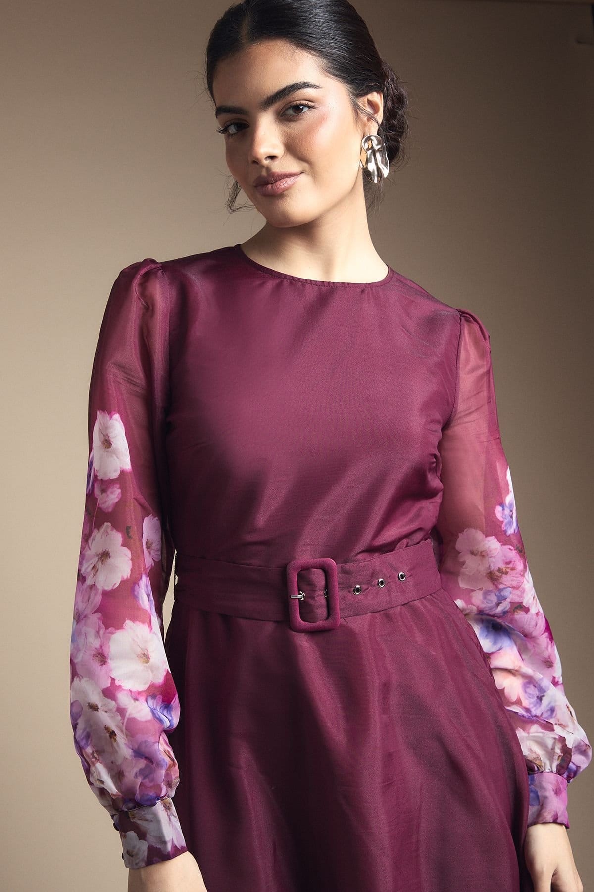 Wallis Wallis Women's Organza Floral Print Belted Midi Dress in Berry - 4