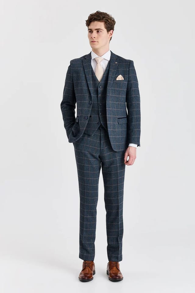 Paul Andrew Paul Andrew Men's 3 Piece Herringbone Check Wool Blend Tweed Suit in Navy - 2