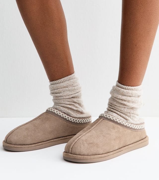 New Look Women's Light Brown Faux Suede Lace Trim Slipper Boots New Look - 2