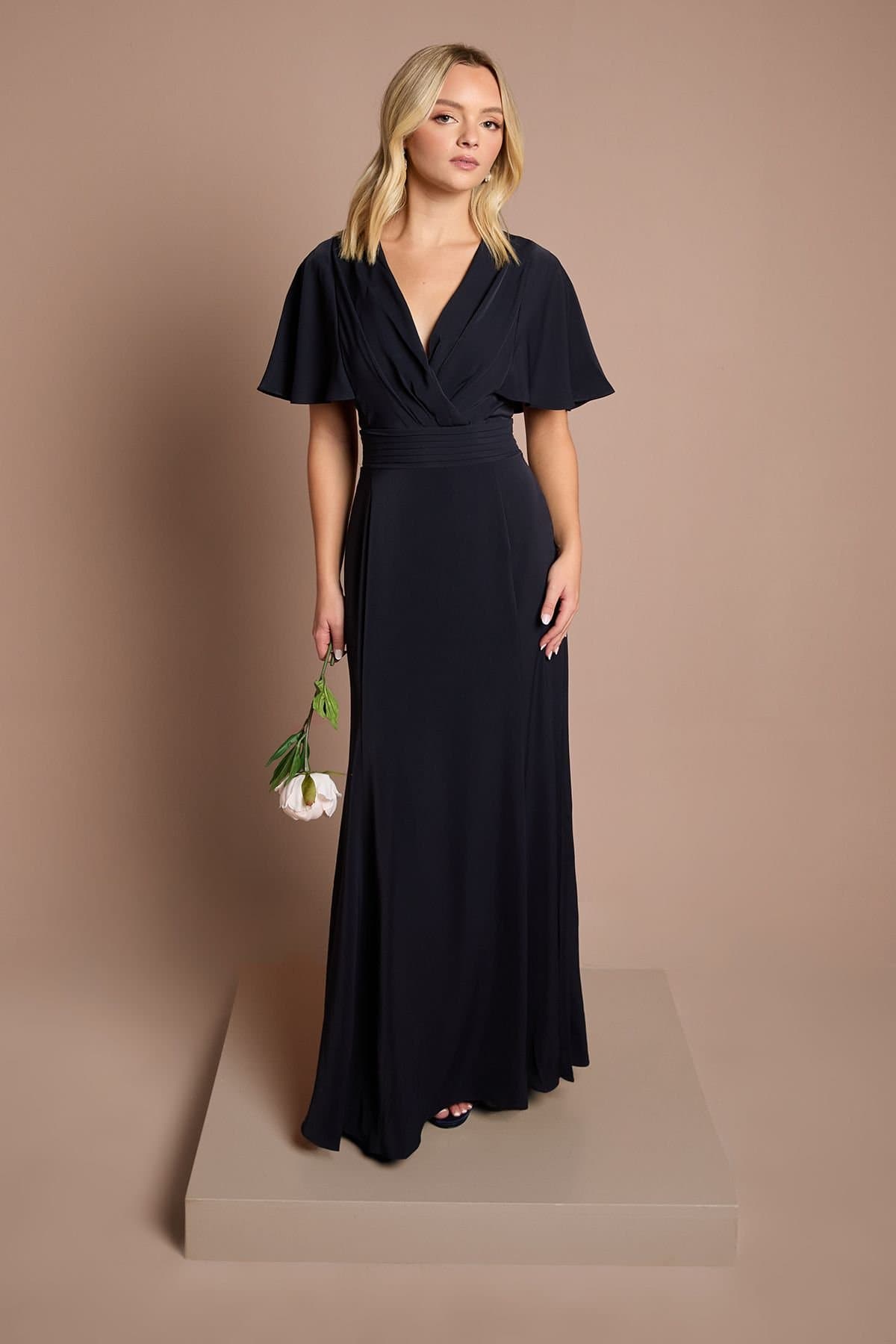 Coast Coast Women's Teen V Neck Flutter Sleeve Bridesmaid Dress in Navy