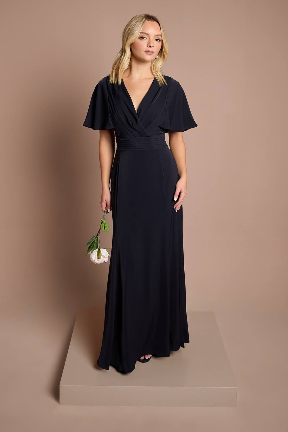 Coast Coast Women's Teen V Neck Flutter Sleeve Bridesmaid Dress in Navy - 2