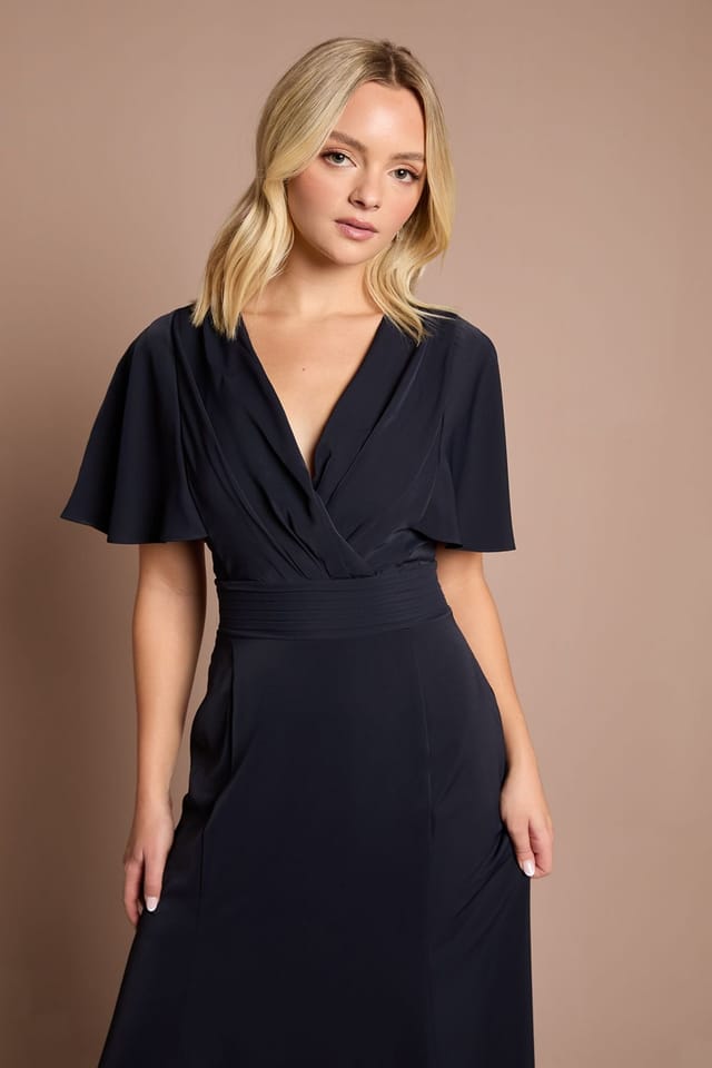Coast Coast Women's Teen V Neck Flutter Sleeve Bridesmaid Dress in Navy - 2