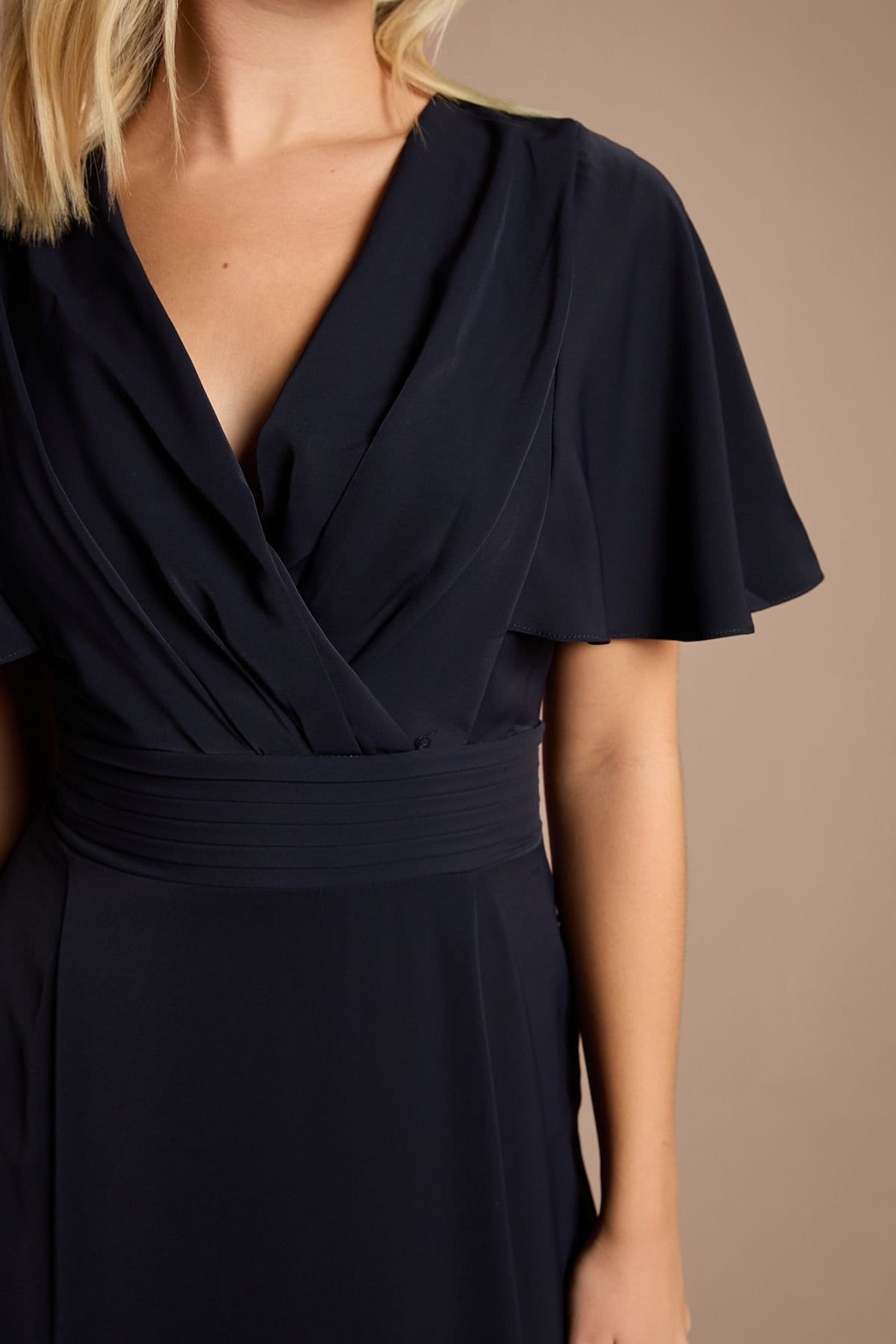 Coast Coast Women's Teen V Neck Flutter Sleeve Bridesmaid Dress in Navy - 4