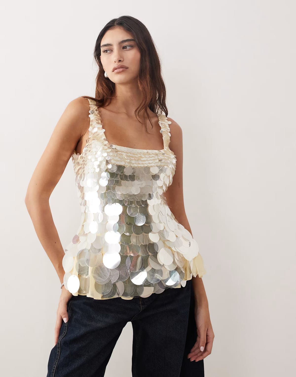 ASOS ARRANGE embellished disc sequin square neck top in buttermilk - 1