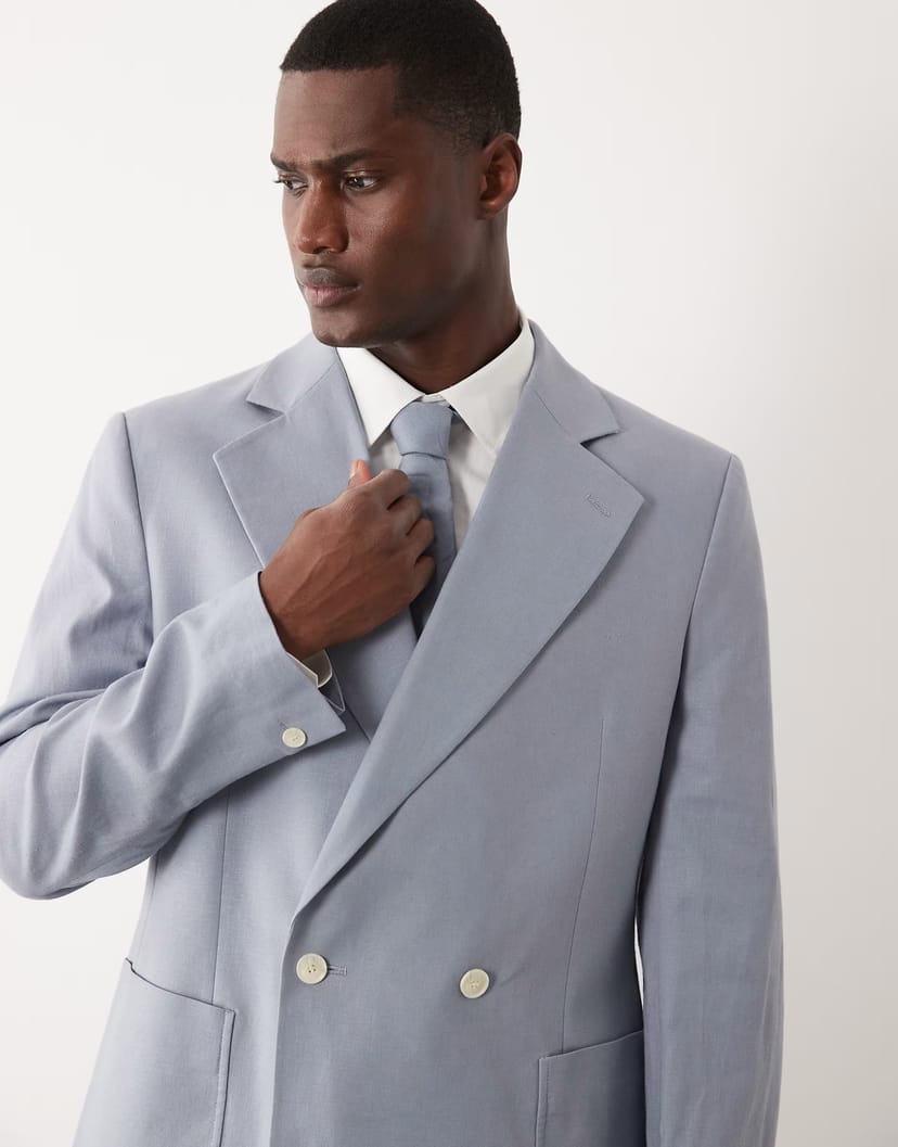 ASOS ASOS DESIGN slouchy double breasted suit jacket in blue with linen - 1