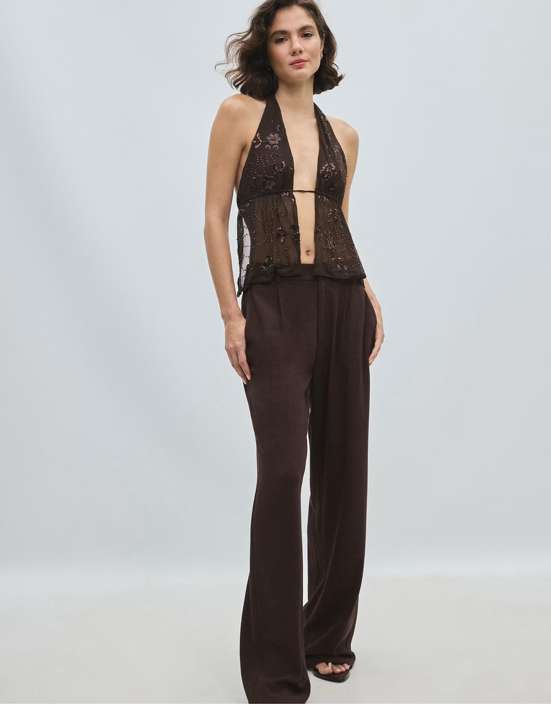 ASOS Stradivarius Embroidered halter top with rhinestones in brown