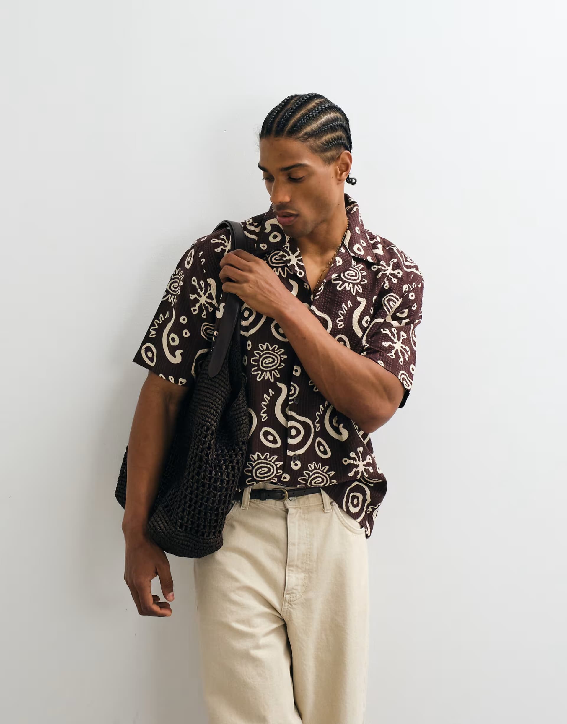 ASOS ONLY & SONS relaxed fit seersucker shirt with resort collar in dark brown and cream print