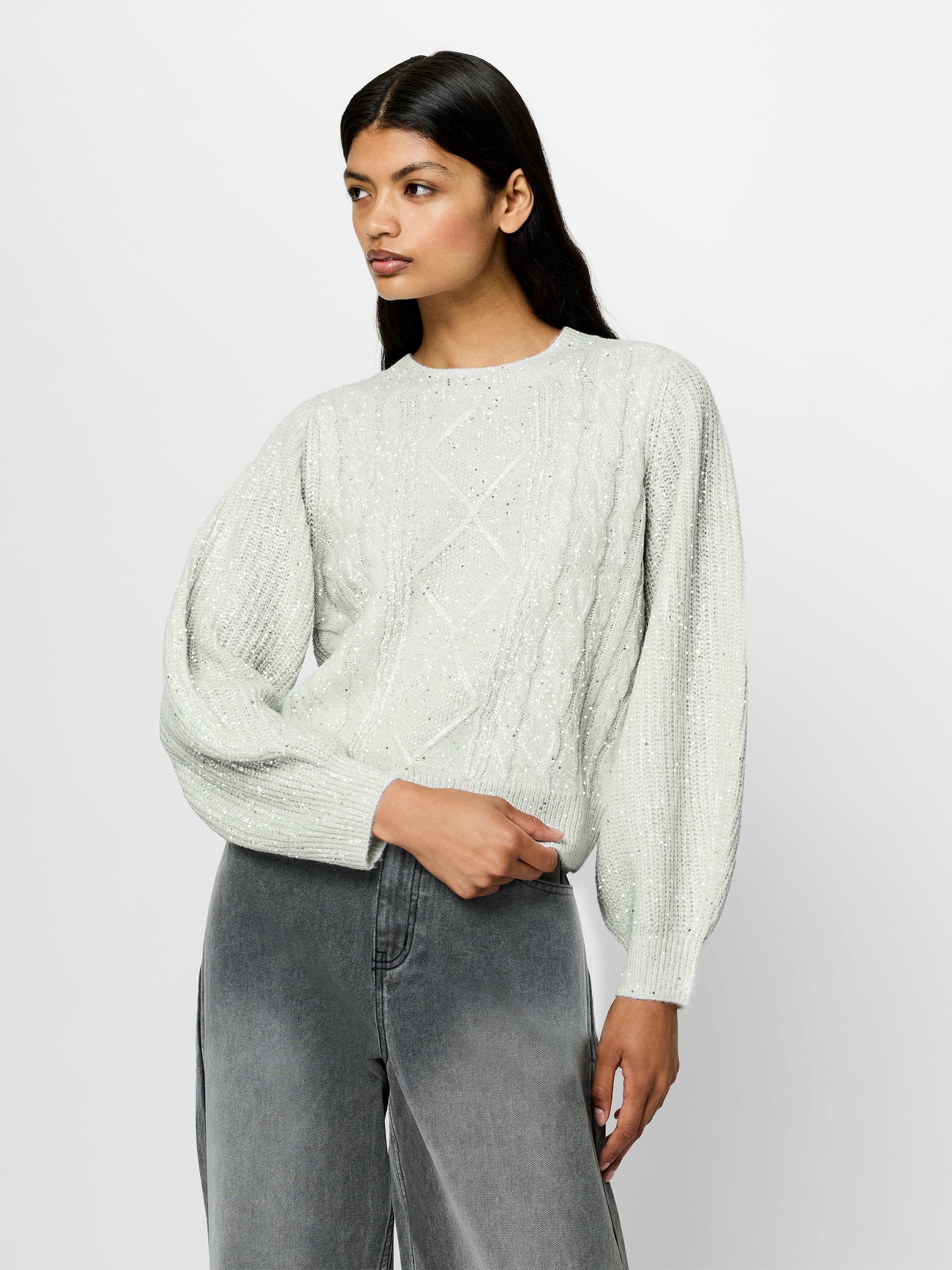 French Connection White Cable Knit Crew Neck Jumper Winter White
