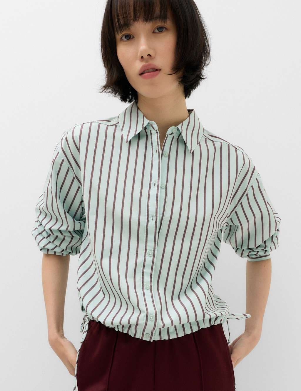 Marks & Spencer M&S Pure Cotton Striped Collared Cropped Shirt Blue Mix