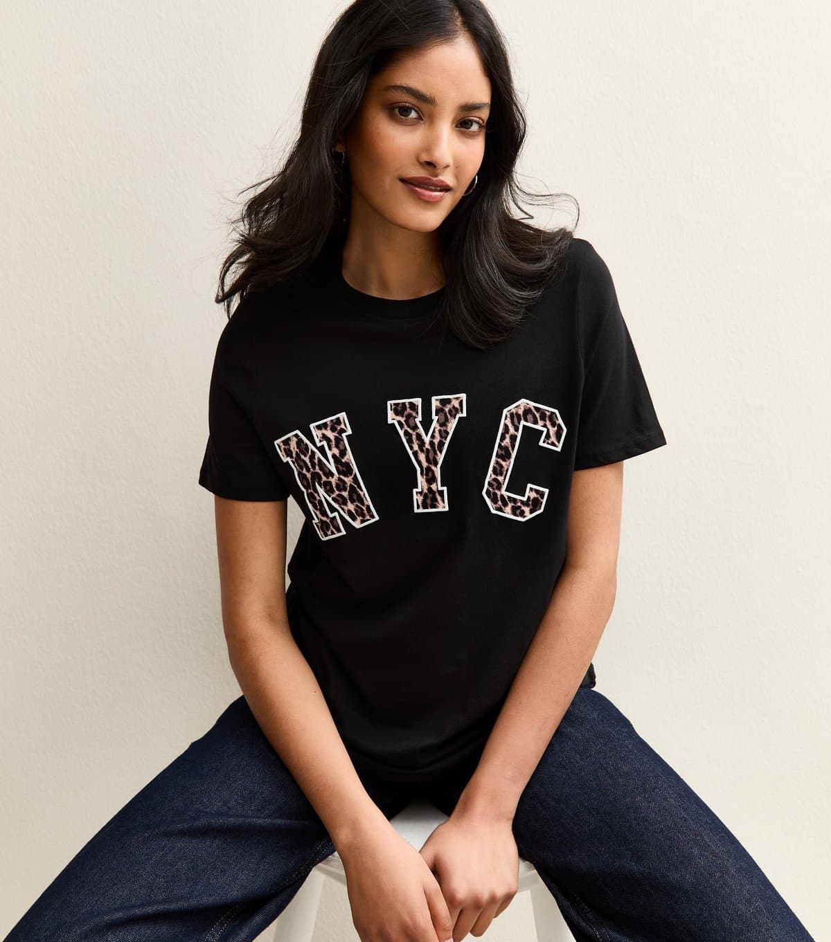 New Look Women's Black Leopard Print NYC Slogan T-Shirt New Look