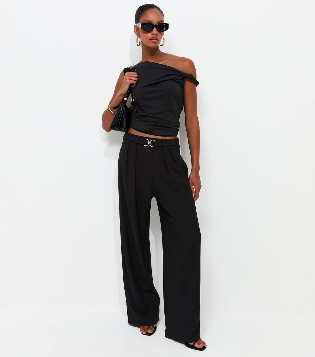 New Look Women's Black Belt Detail Ribbed Crinkle Texture Wide Leg Trousers New Look