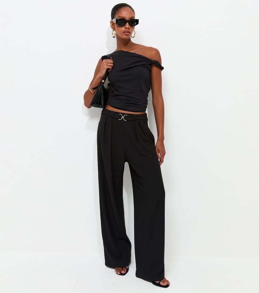 New Look Women's Black Belt Detail Ribbed Crinkle Texture Wide Leg Trousers New Look - 1