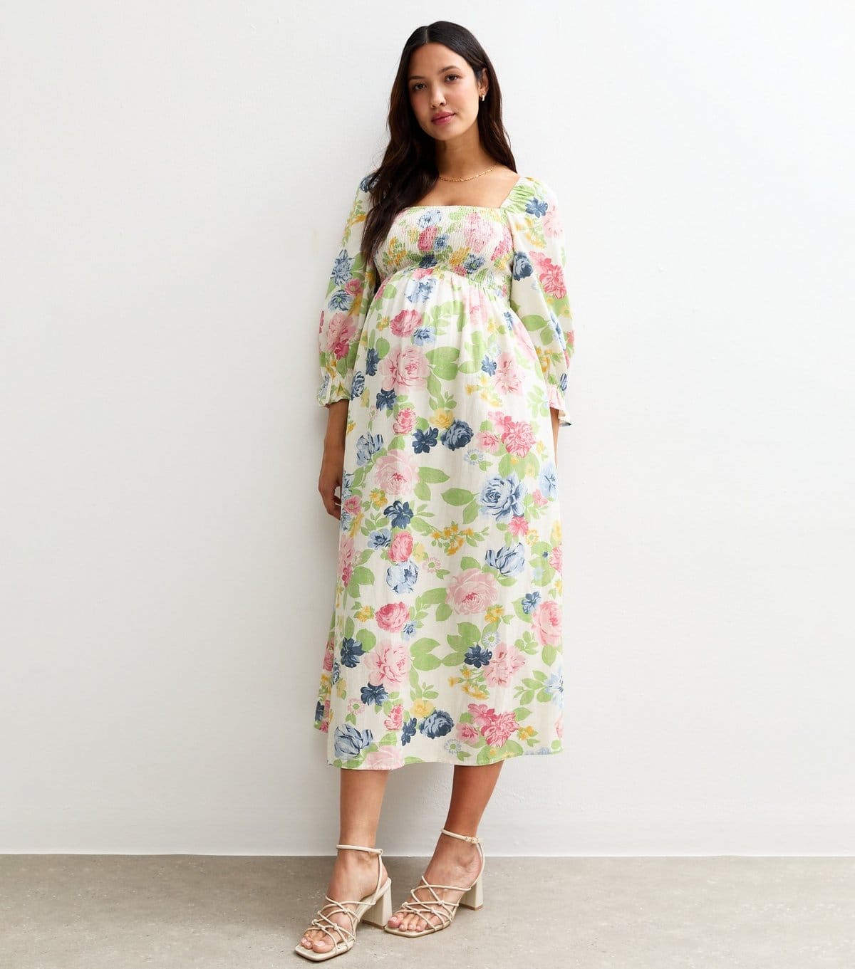 New Look Cream Floral Print Maternity Midi Dress