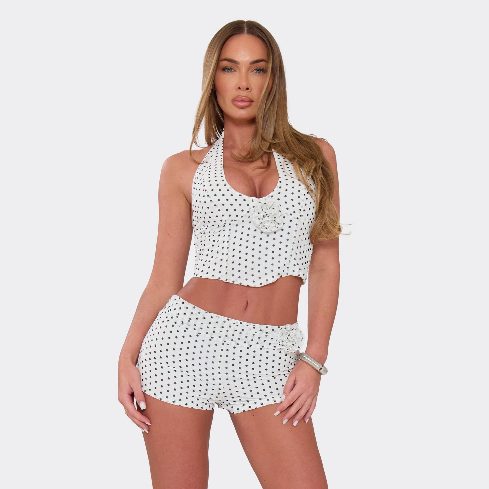 EGO Halterneck Flower Detail Top In White Polka Dot, Women's Size UK 4