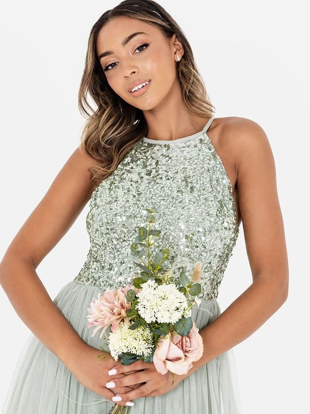 Maya Deluxe Maya Deluxe Women's Embellished Halter Neck Maxi Dress in Mint - 2