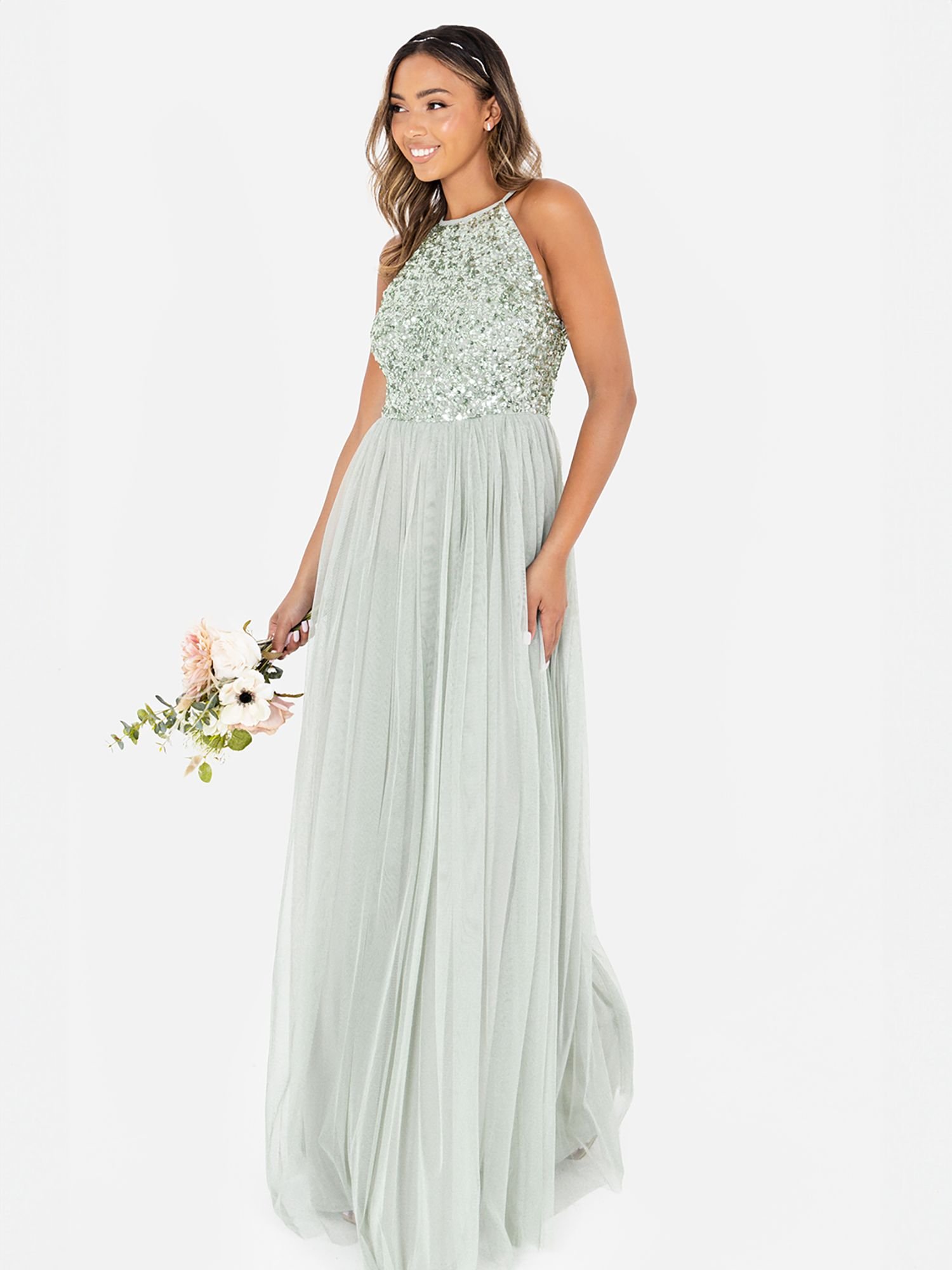 Maya Deluxe Maya Deluxe Women's Embellished Halter Neck Maxi Dress in Mint - 4
