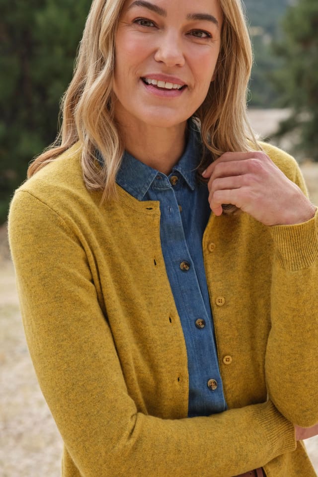WoolOvers WoolOvers Women's Cashmere & Merino Classic Crew Neck Cardigan in Mustard - 2