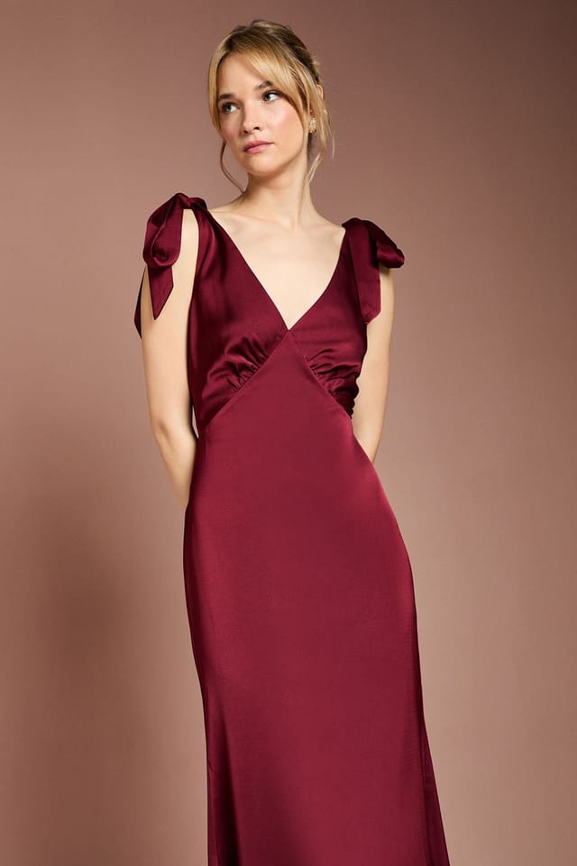 Coast Coast Women's Honoured Satin Back Crepe V Neck Tie Shoulder Maxi Bridesmaid Dress in Malbec - 2