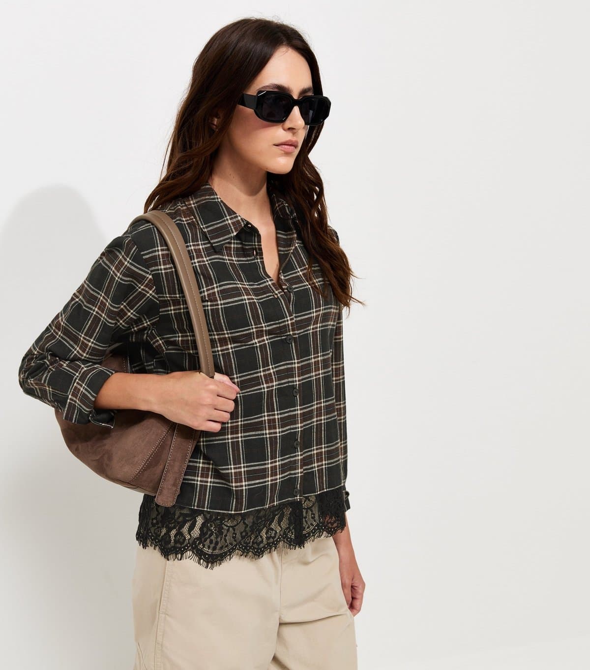 New Look New Look Black Checked Lace Trim Shirt