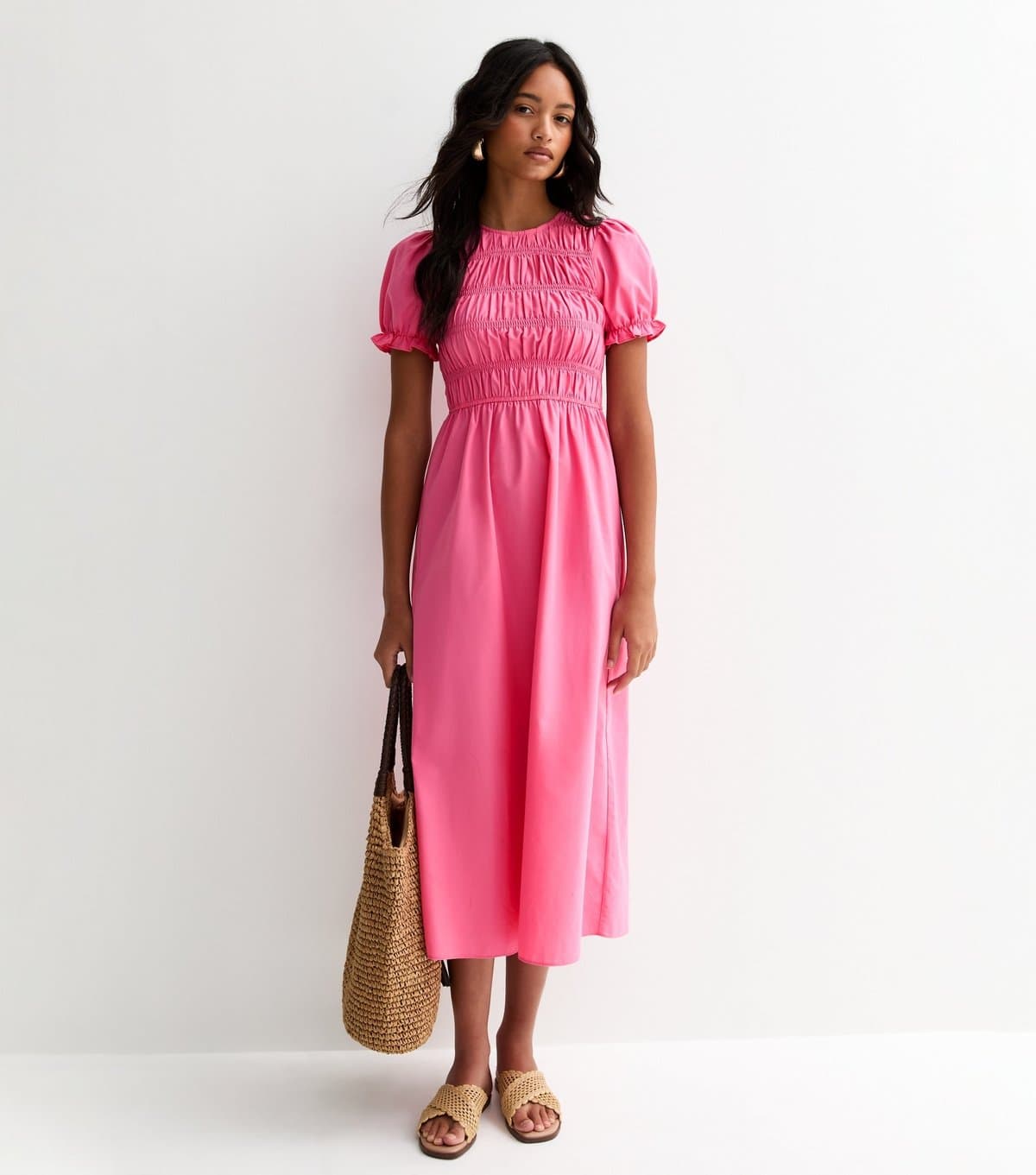 New Look Women's Bright Pink Shirred Poplin Midi Dress New Look