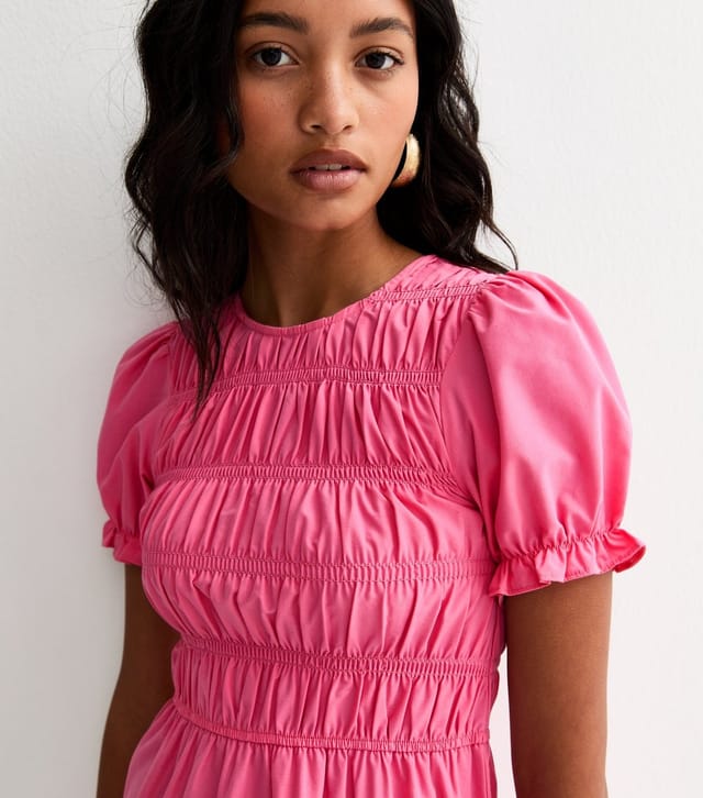 New Look Women's Bright Pink Shirred Poplin Midi Dress New Look - 2